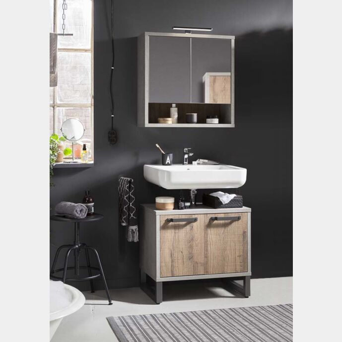 Sottolavello con 2 ante in finitura Cemento e Rovere invecchiato