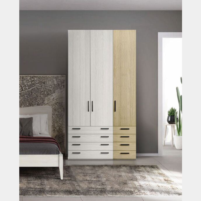 Armadio moderno L.136 a 3 ante e 8 cassetti H.257, finitura Rovere bianco e Royal Oak