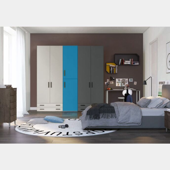 Armadio moderno L.241 a 6 ante e 4 cassetti H.225 finiture Grigio Dorian, Cadaques e Grigio Titanio