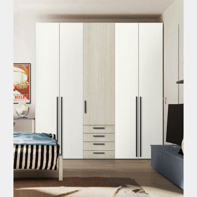 Armadio moderno L.241 a 5 ante e 4 cassetti H.257, finiture Rovere bianco e Noce brina