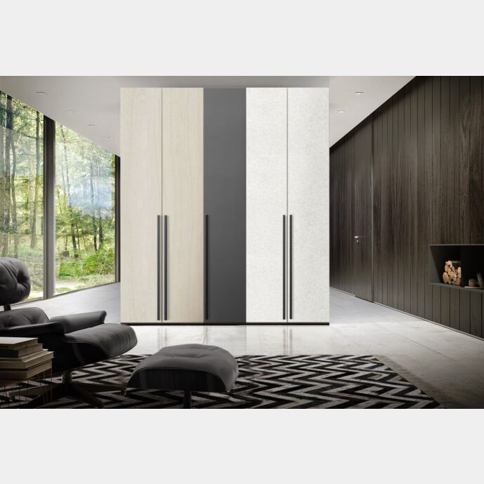 Armadio moderno L.226 a 5 ante battenti H.257, finiture Noce brina, Cemento Artico e Grigio Titanio