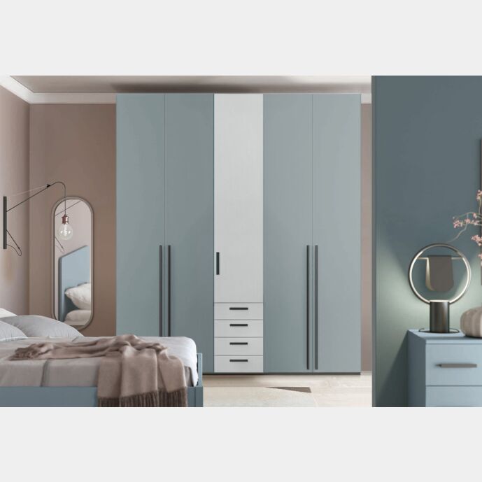 Armadio moderno L.226 a 5 ante e 4 cassetti H.257, finiture Cenere e Grigio Dorian