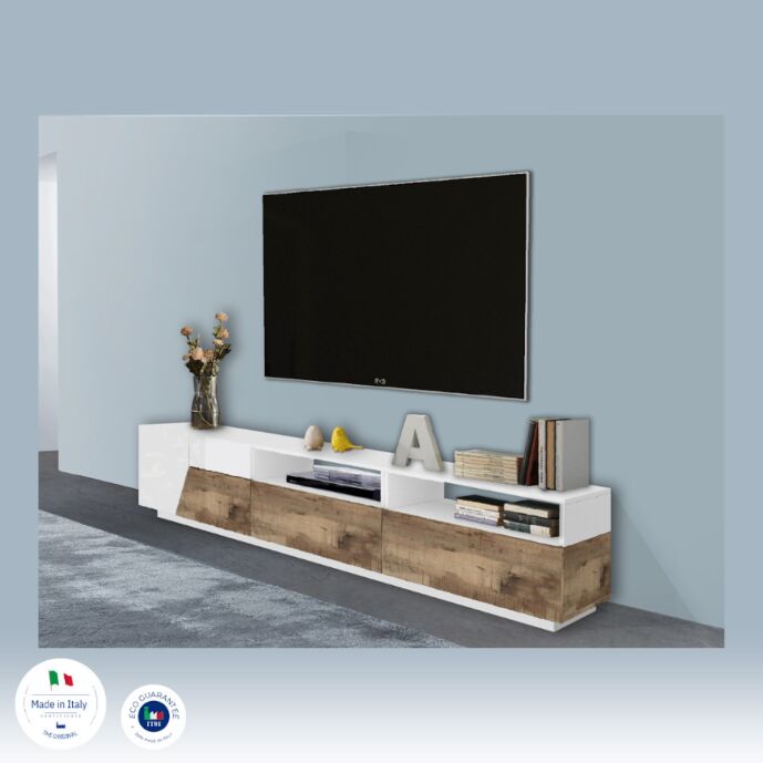 Elegante Mobile TV larghezza 200 cm, Pero e Bianco lucido