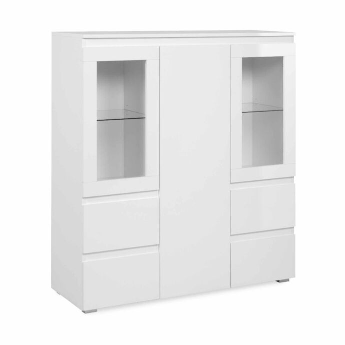 Vetrina bassa 3 ante e 4 cassetti, colore Bianco lucido