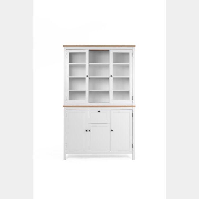 Madia credenza con 3 ante 2 ante in vetro e 1 cassetto finitura bianco opaco e top in quercia