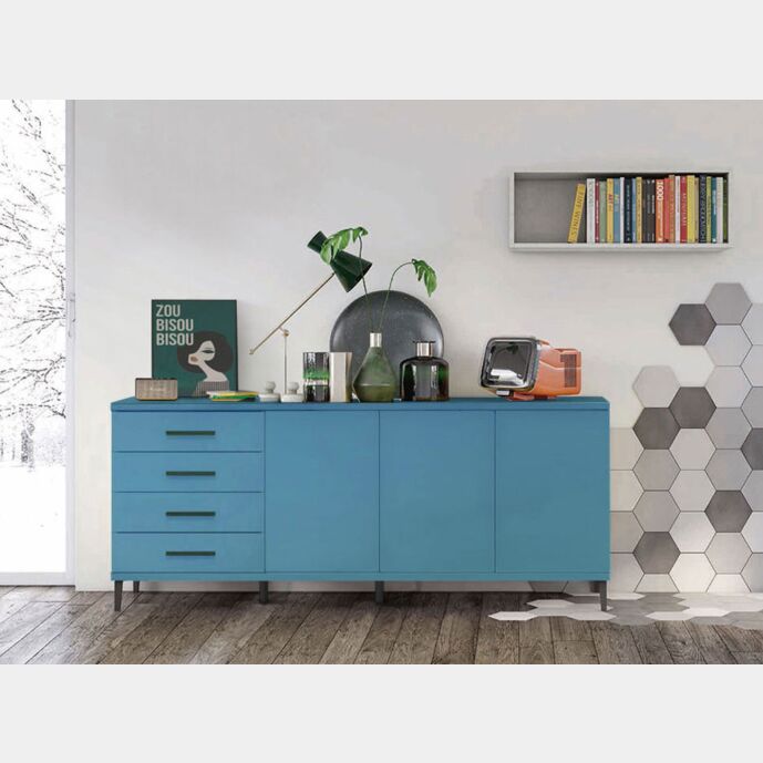 Madia moderna 3 ante 4 cassetti con piedini in titanio, finitura Rovere gesso