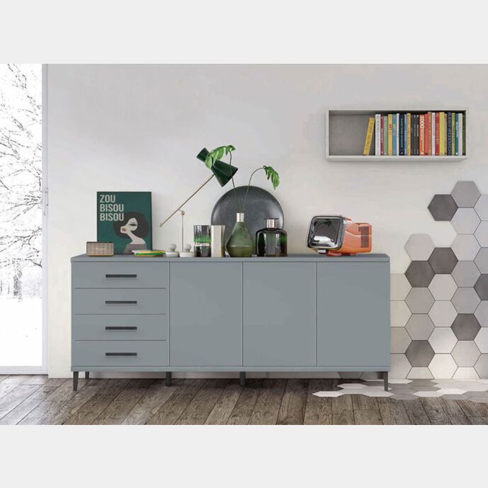 Madia moderna 3 ante 4 cassetti con piedini in titanio, finitura Cadaques