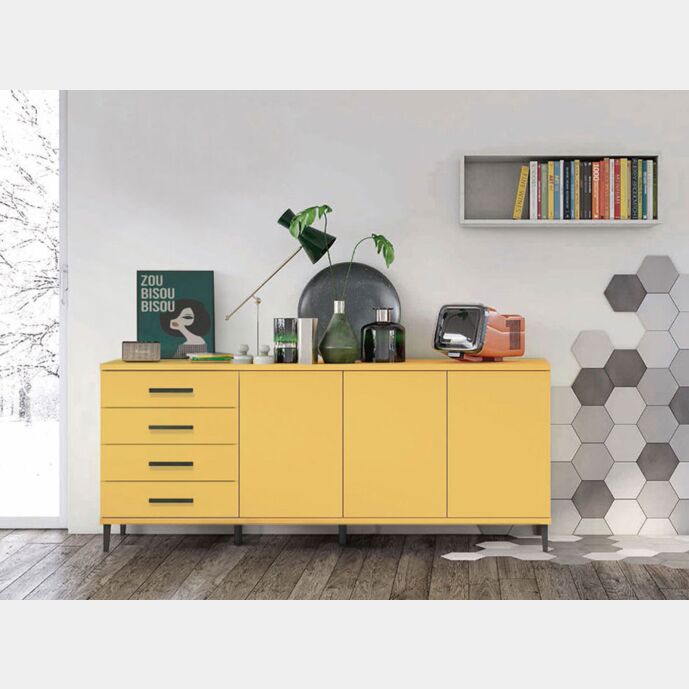 Madia moderna 3 ante 4 cassetti con piedini in titanio, finitura Miele