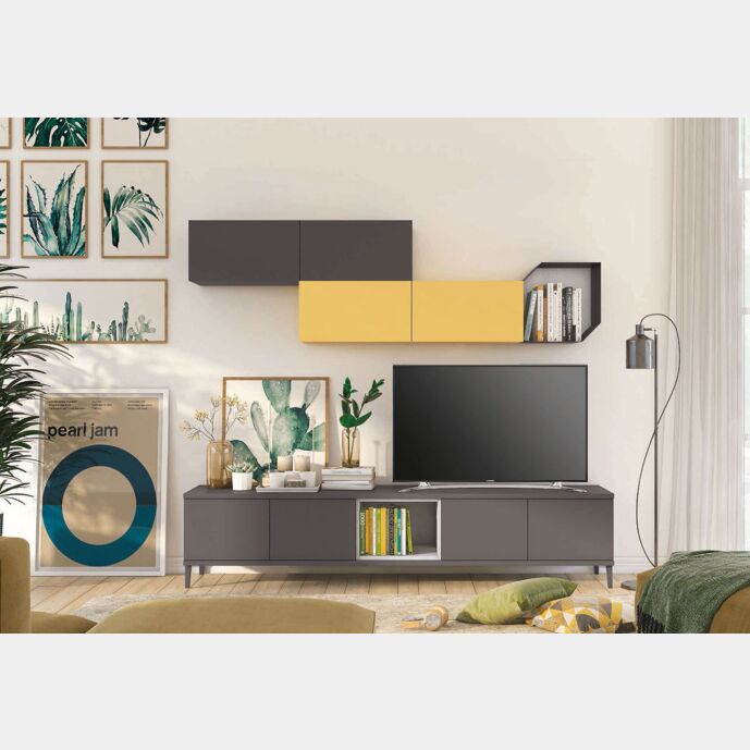 Parete attrezzata per la zona living, Grigia titanio con pensile Miele