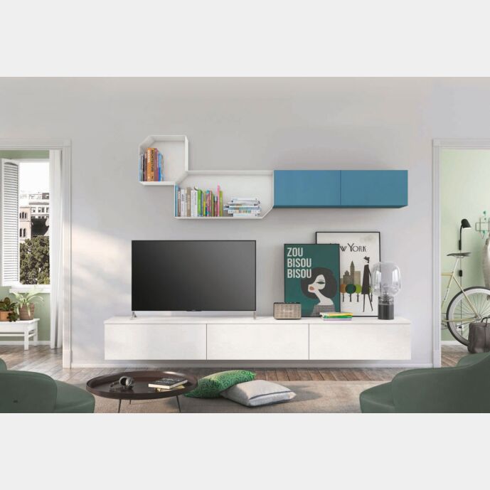 Parete attrezzata sospesa per zona living, Rovere bianco e Cadaques