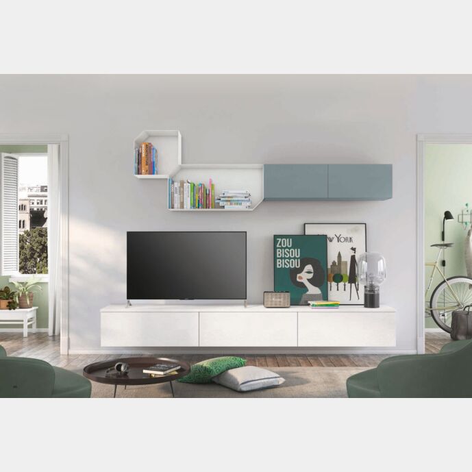 Parete attrezzata sospesa per zona living, rovere bianco e rovere gesso