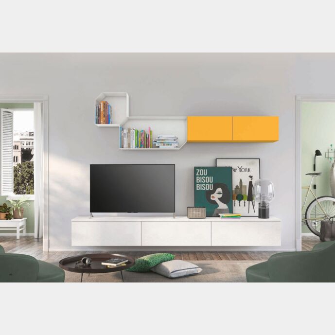 Parete attrezzata sospesa per zona living, rovere bianco e miele