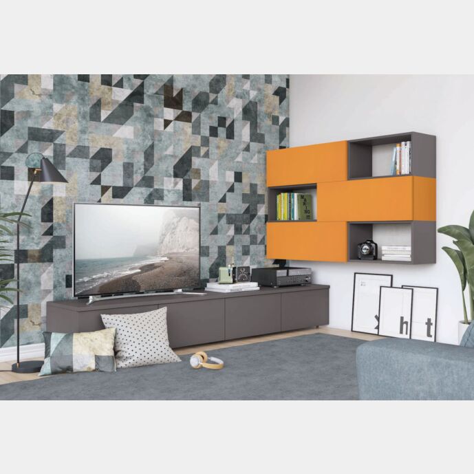 Parete attrezzata ad angolo con base TV e pensili con vani a giorno, titanio e papaya