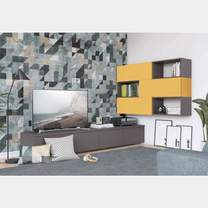 Parete attrezzata ad angolo con base TV e pensili con vani a giorno, miele