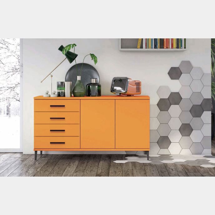 Madia moderna 2 ante 4 cassetti con piedini in titanio, finitura Papaya