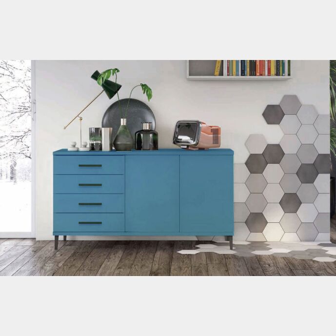 Madia moderna 2 ante 4 cassetti con piedini in titanio, finitura Rovere gesso