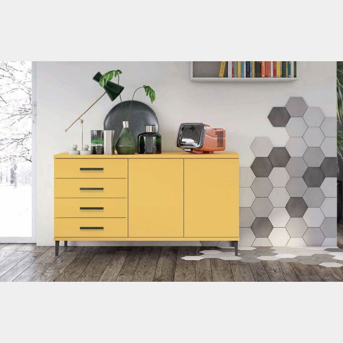 Madia moderna 2 ante 4 cassetti con piedini in titanio, finitura Miele