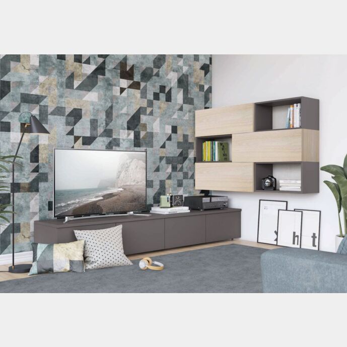 Parete attrezzata ad angolo con base TV e pensili con vani a giorno, titanio e noce brina