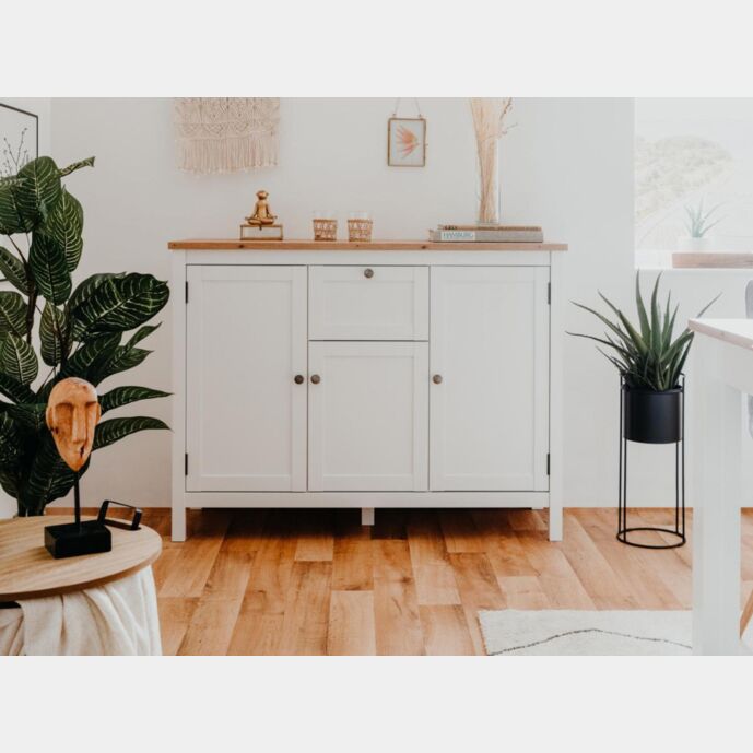 Madia credenza, 3 ante, 1 cassetto finitura bianco opaco e top in quercia