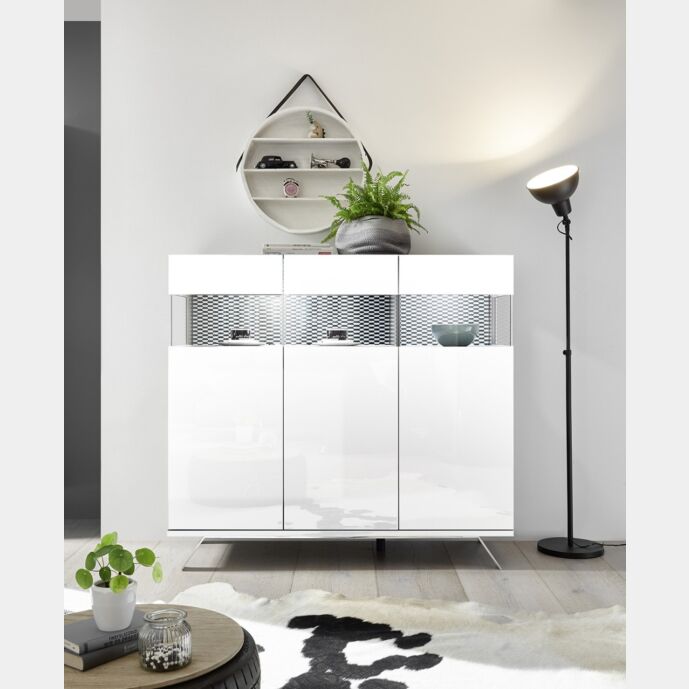 Madia alta 3 ante bianco lucido con piedino in ferro e interno bianco opaco