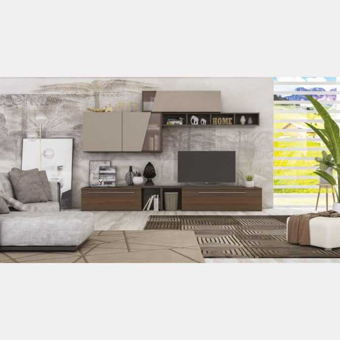 Parete attrezzata con pensili e libreria, disponibile in diverse finiture, Made in Italy