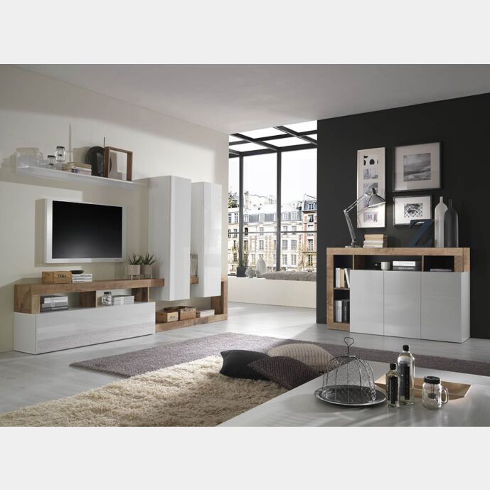 Soggiorno moderno con parete attrezzata e madia a 3 ante in finitura bianco lucido e pero