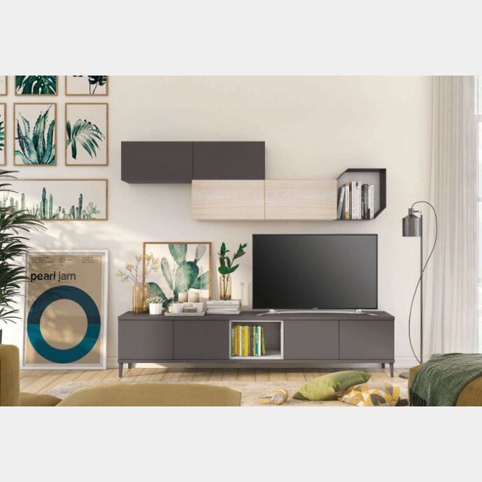 Parete attrezzata per la zona living, Grigia titanio con pensile noce brina