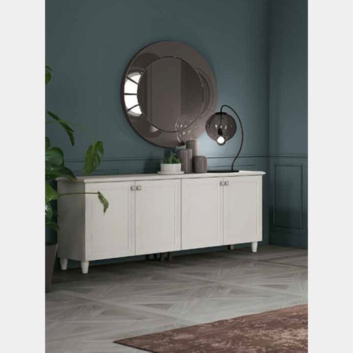 Credenze moderne, madia con 4 ante e piedini in finitura Bucaneve