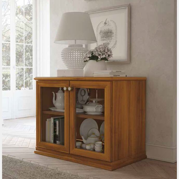 mobile buffet, credenza classic con 2 ante vetro, finitura noce sorrento Zenzero Shop