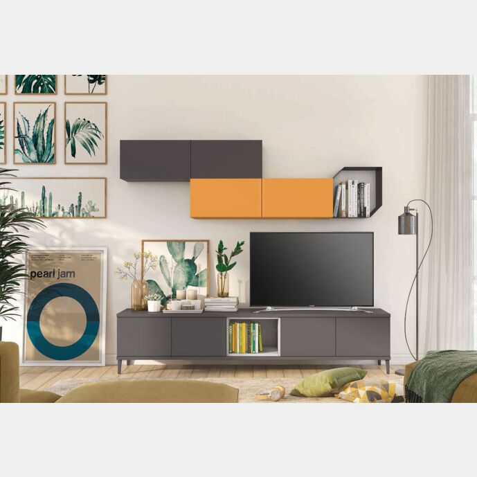 Parete attrezzata per la zona living, Grigia titanio con pensile Papaya