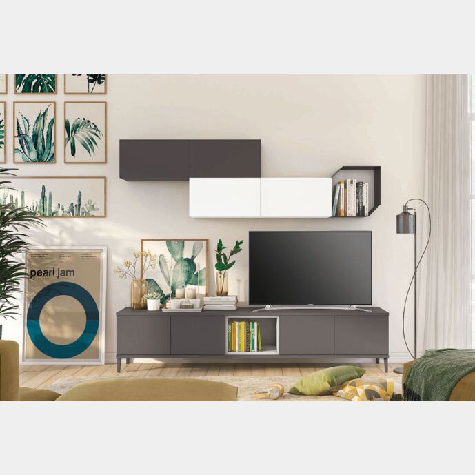 Parete attrezzata per la zona living, Grigia titanio con pensile Bianco Opaco