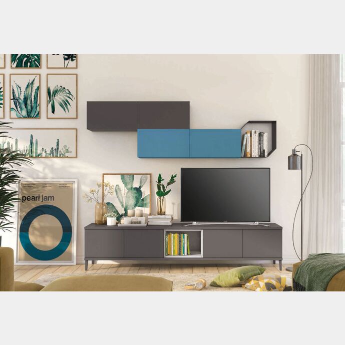 Parete attrezzata per la zona living, Grigio titanio con pensile Cadaques