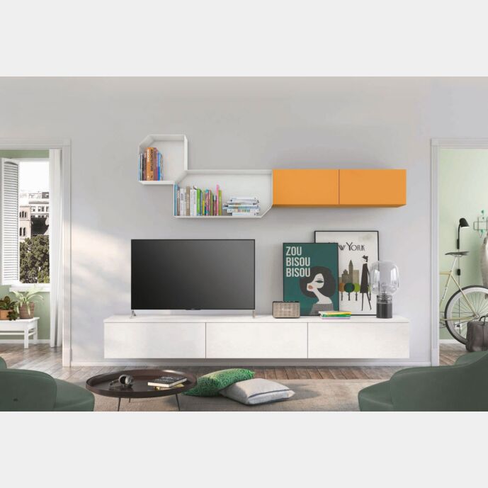 Parete attrezzata sospesa per zona living, rovere bianco e papaya