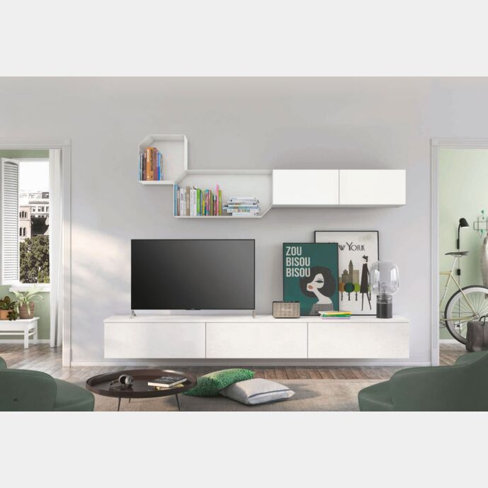 Parete attrezzata sospesa per zona living, rovere bianco e bianco opaco