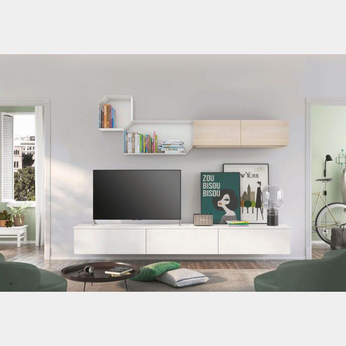 Parete attrezzata sospesa per zona living, Rovere bianco e noce brina