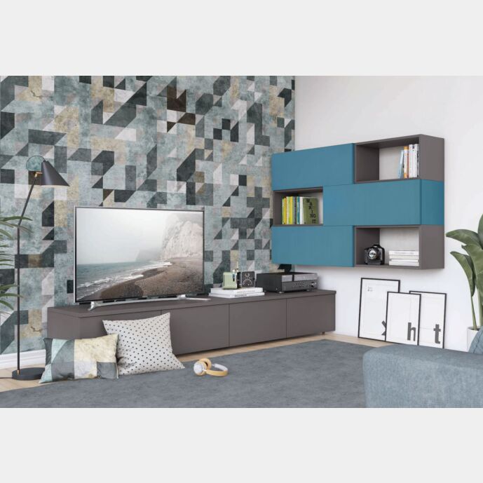 Parete attrezzata ad angolo con base TV e pensili con vani a giorno, titanio e cadaques