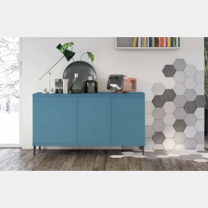 Madia moderna per soggiorno, finitura Rovere gesso con piedini in titanio