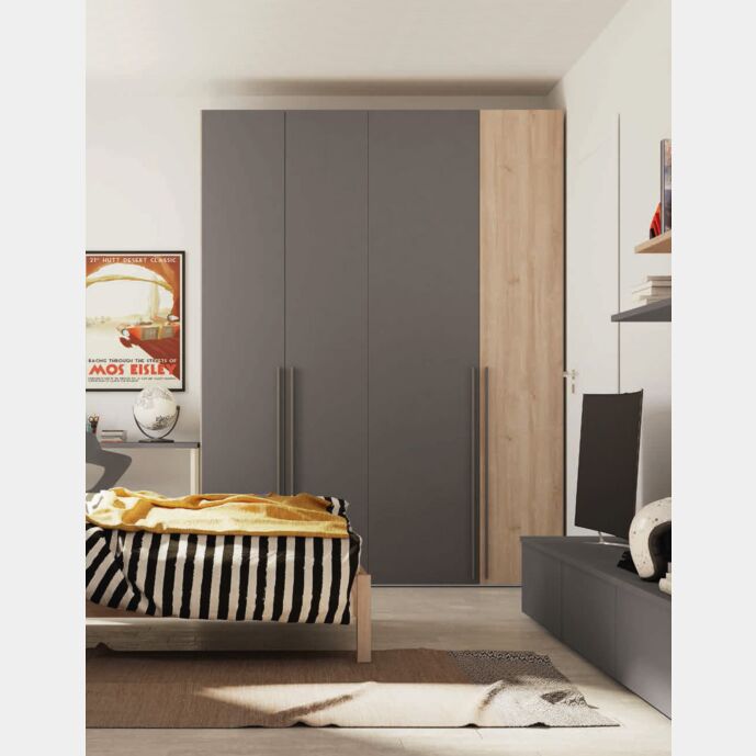 Armadio moderno 4 ante battenti H.257 color Grigio Titanio e Royal Oak