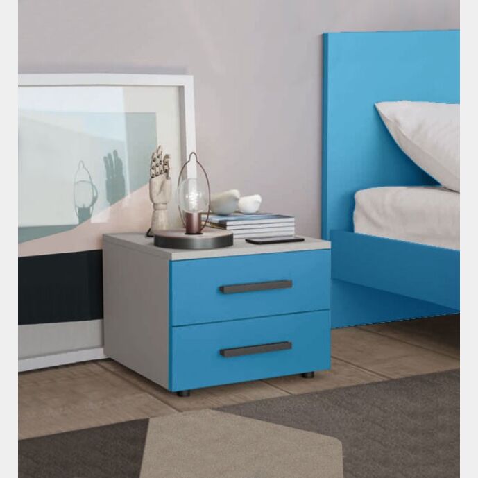 Comodino Master moderno, 2 cassetti, finitura Cadaques e Cemento Artico