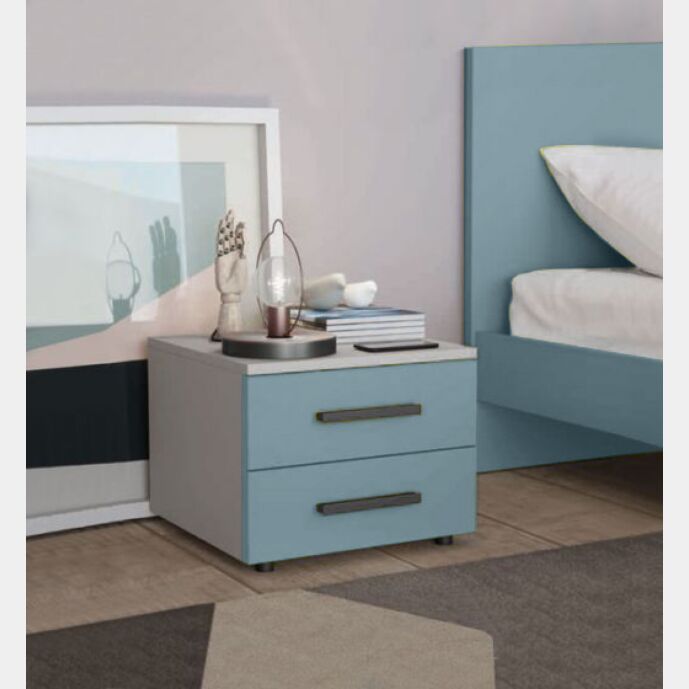 Comodino Master moderno, 2 cassetti, finitura Cadaques e Cemento artico