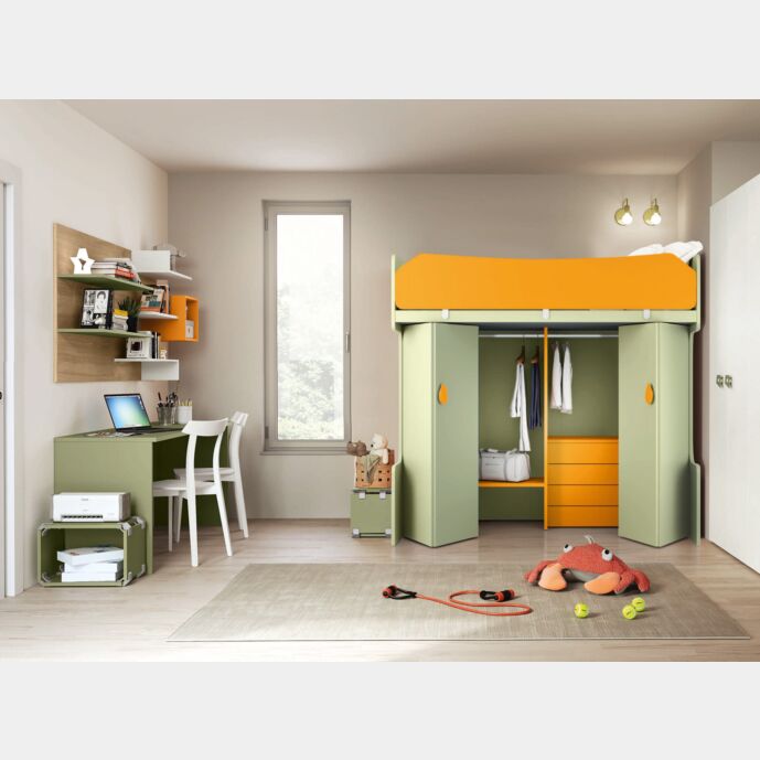 Letti a castello 1 posto letto e un armadio, Papaya e Oliva