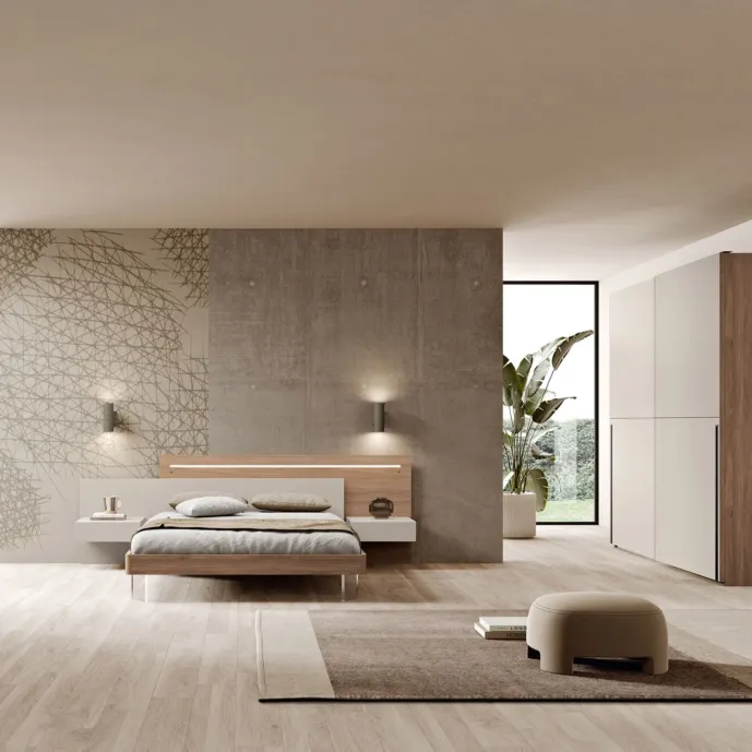 Camera matrimoniale con comodino sospeso, Sequoia honey e Corda