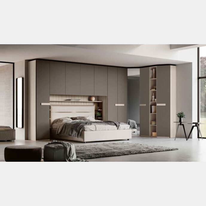 Armadio a ponte con angolo e libreria, finitura Grigio cenere e Olmo natura