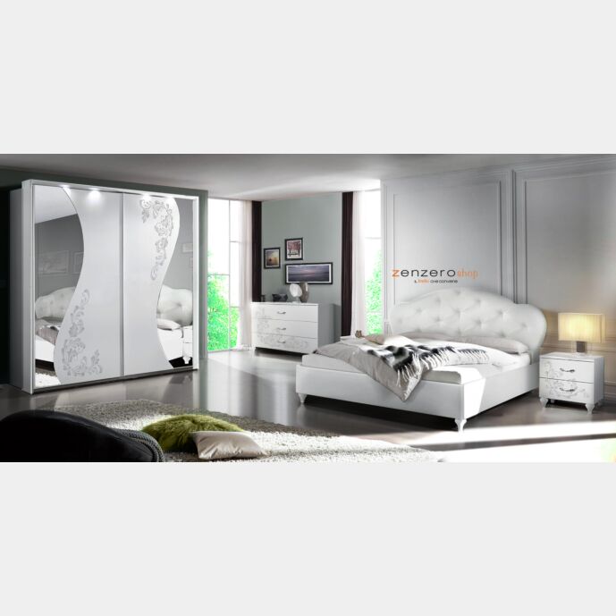 Camera da letto serigrafata con specchi, in finitura Bianco