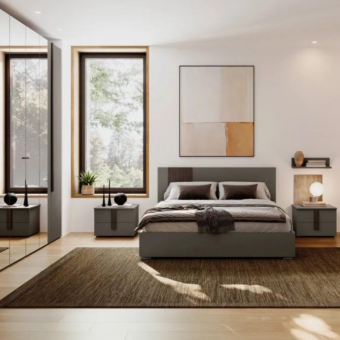 Camera completa con armadio, letto e comodini, Grigio cenere
