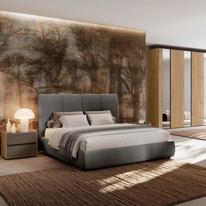 Camera matrimoniale con letto contenitore, Noce biondo e Bronzo