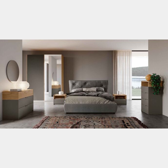 Camera matrimoniale con letto ecopelle, finitura Grigio cenere e Noce biondo