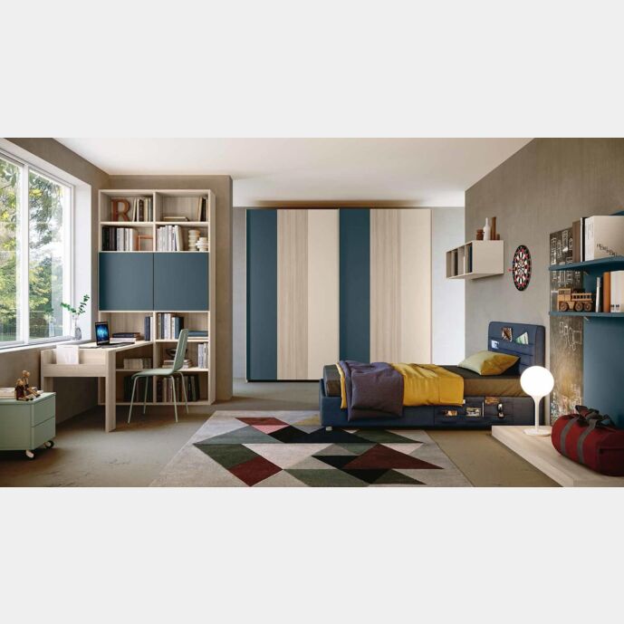 Cameretta con armadio scorrevole e letto imbottito, finitura Petrolio, Orzo e Olmo