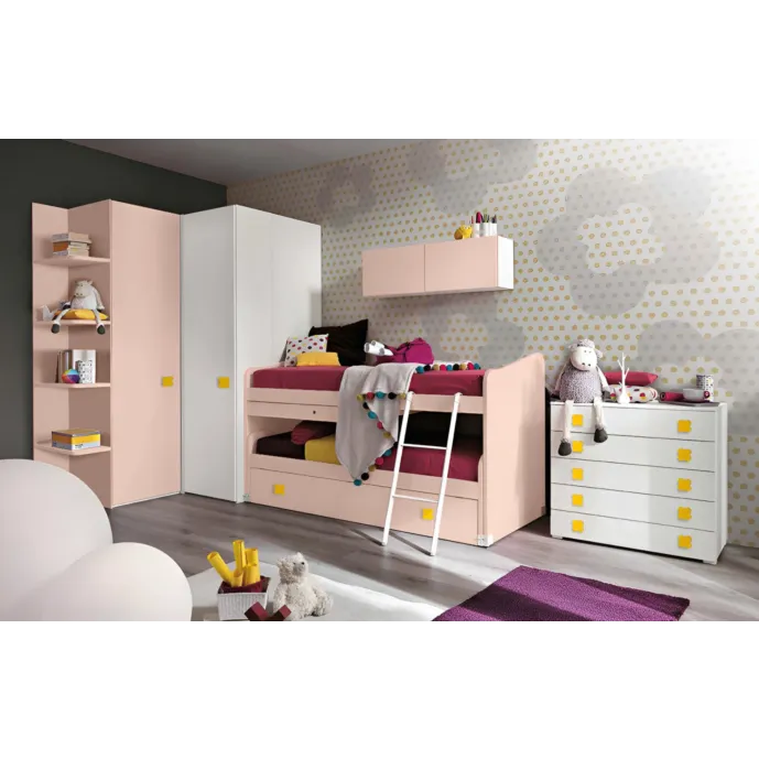 Cameretta con cabina e letto multifunzionale, finitura Bianco frassino, Peonia e Girasole Zenzero Shop