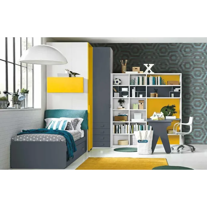 Cameretta con divano letto e armadio angolare, finitura Girasole, Blu reale e Bianco frassino Zenzero Shop